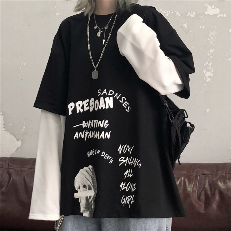 Autumn Korean version ins retro loose student homestay style BF fake two piece splicing long sleeve T-shirt blouse bottoming shirt
