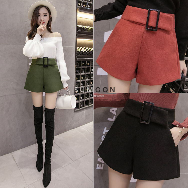Woollen shorts women's autumn / winter 2020 new high waist A-line wide leg pants can be worn with thin bottoming pants and thick boots