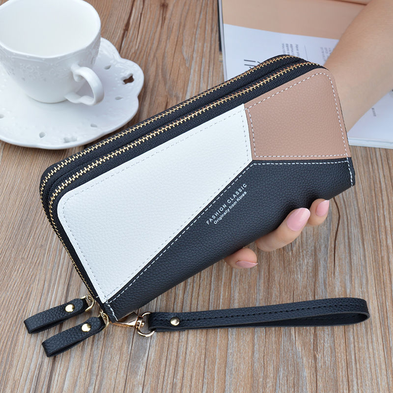 New double-layer wallet women's long double zipper mobile phone bag Japanese and Korean color contrast large-capacity clutch purse wallet coin purse