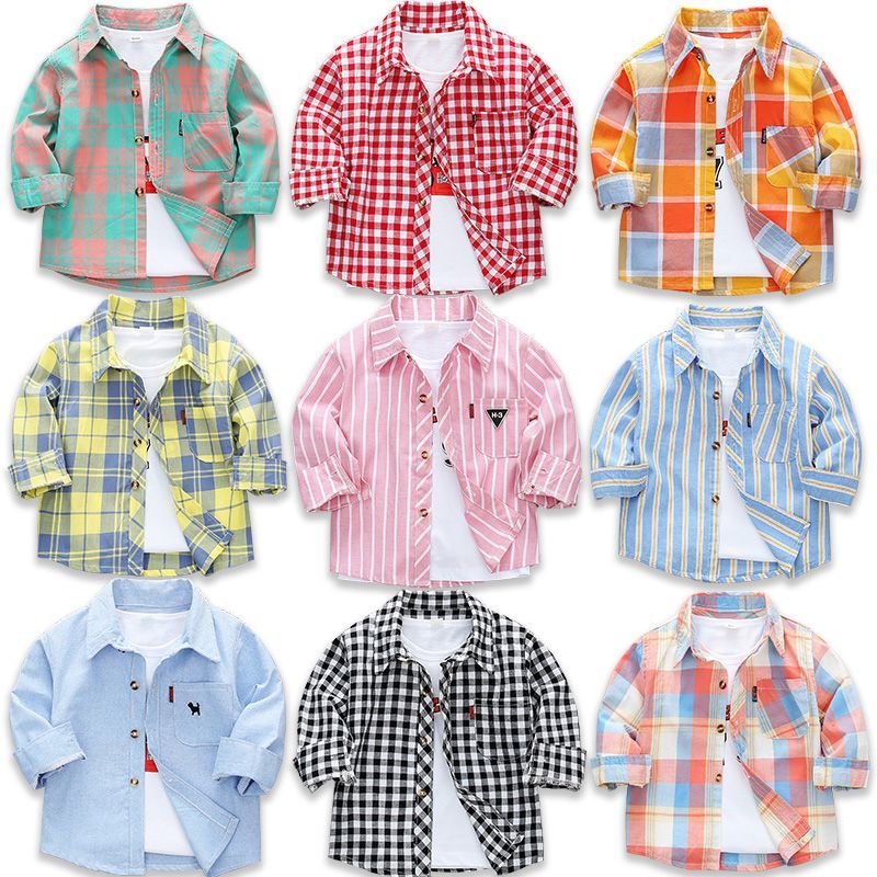 Boys' cotton shirt long sleeve baby's top children's thin shirt Plaid girl's wear in spring and Autumn