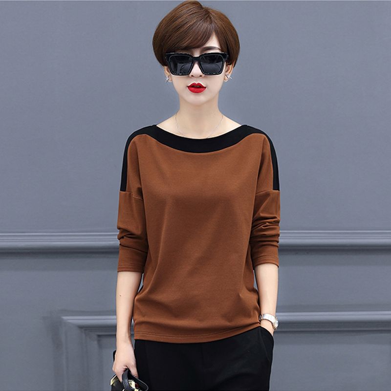 a宽松长袖t恤女2019春秋新款女装上衣女士时尚圆领撞色打底衫洋气