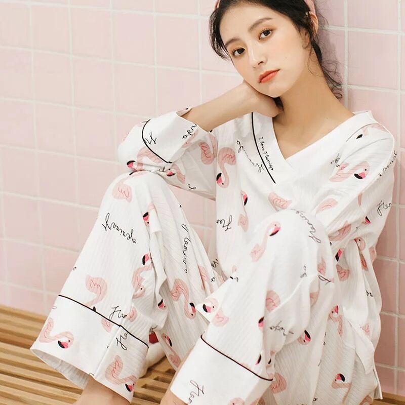 Pajama girl spring and autumn long sleeve thin cotton Korean version fresh student ins sweet and lovely autumn and winter home wear set