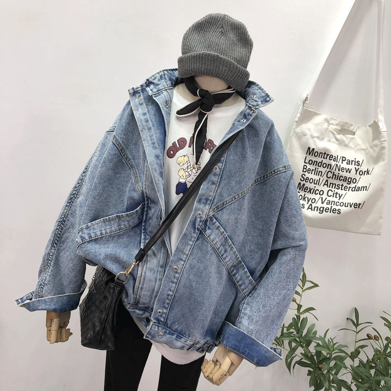 Spring and autumn denim jacket women's loose bat sleeves large pocket denim jacket retro tooling snowflake color BF denim clothing