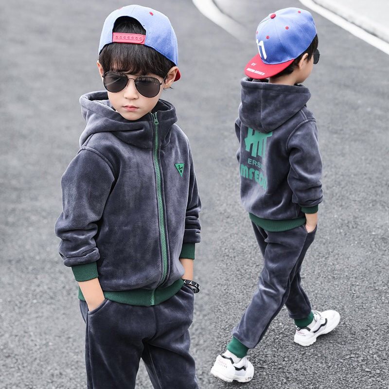 Children's wear boys' two-piece double-sided velvet set children's Korean hooded Plush sweater 2020 new autumn and winter baby