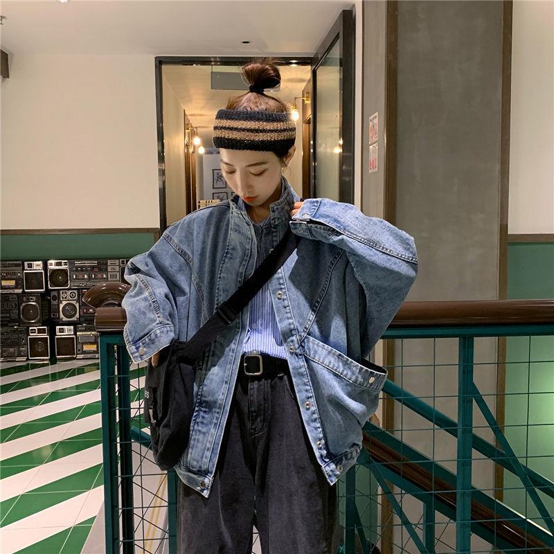 Spring and autumn denim jacket women's loose bat sleeves large pocket denim jacket retro tooling student BF denim clothing tide