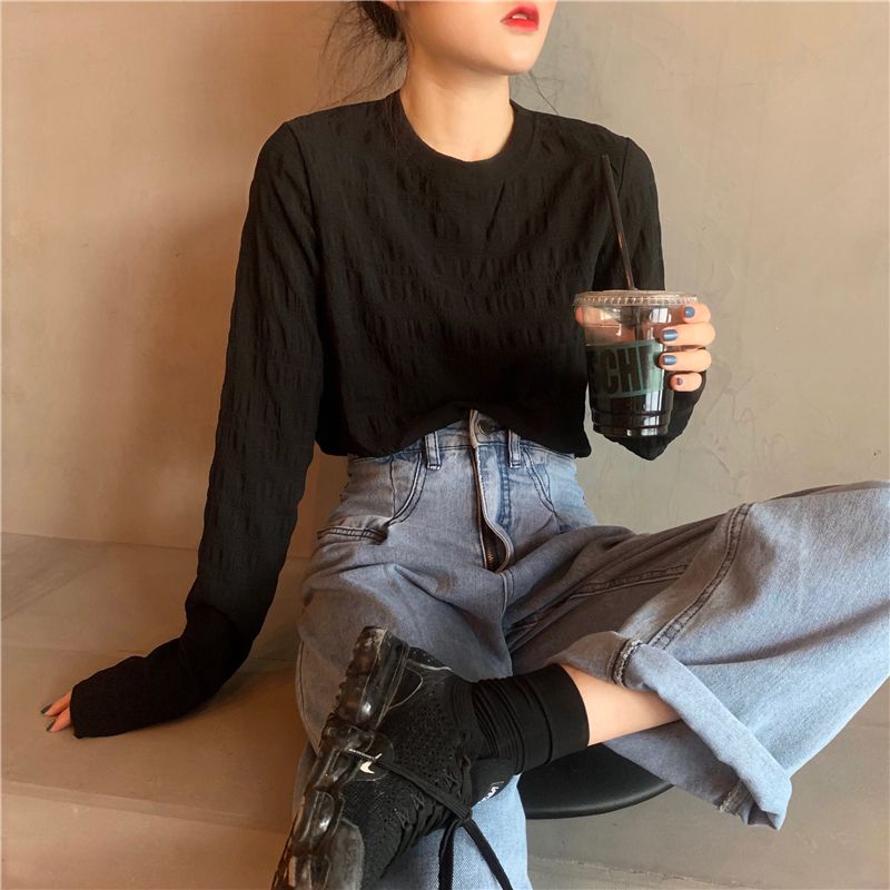 Early spring 2020 new versatile fashion pleated loose waist thin top student round neck long sleeve T-shirt