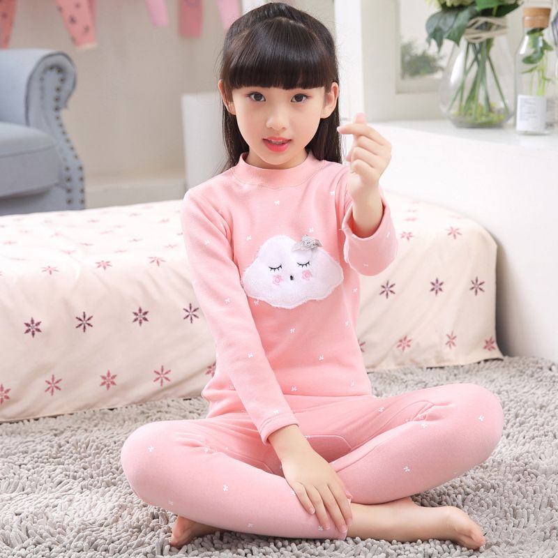 兒童加絨加厚保暖內衣套裝女童中大童秋冬睡衣純棉家居服兩件套