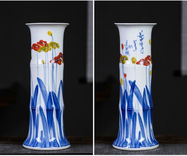 景德镇陶瓷富贵竹花瓶摆件客厅加厚高大号落地直筒水培插花装饰品