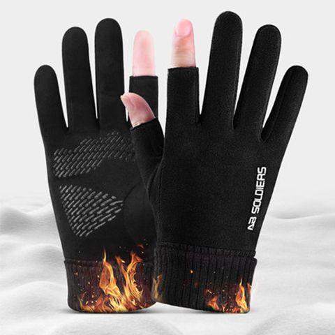 麂皮绒手套男冬季骑行保暖触屏户外跑步开车防滑棉漏二指半指手套