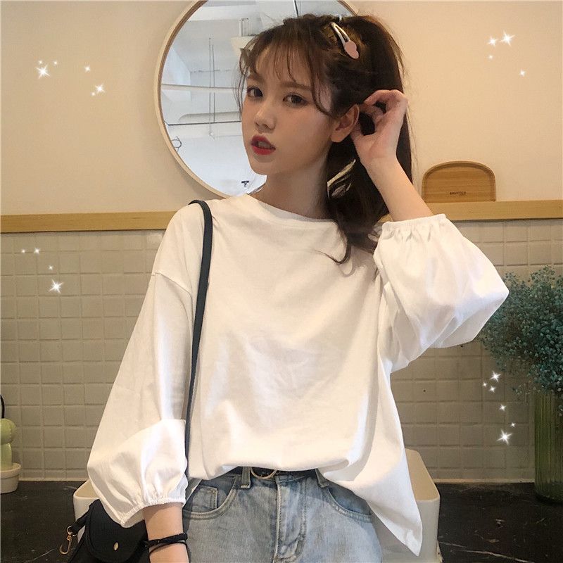 Autumn 2020 new Korean loose ins college style white versatile Lantern Sleeve long sleeve T-shirt girl student top