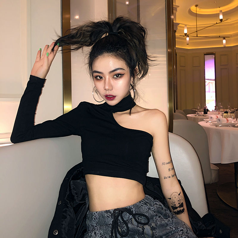 European and American style tight short high waist navel exposed t-shirt female niche sexy nightclub black slim fashion women's top