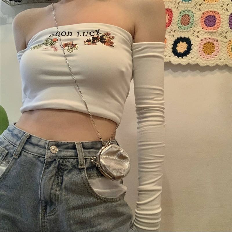 Summer long-sleeved short high-waisted umbilical-baring tight-fitting t-shirt women's nightclub sexy tube top one-shoulder top autumn thin