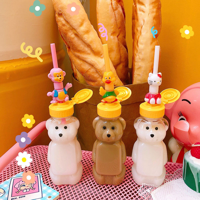 Cute creative portable water bottle student personality Straw Cup travel plastic cup bear bottle transparent bottle children