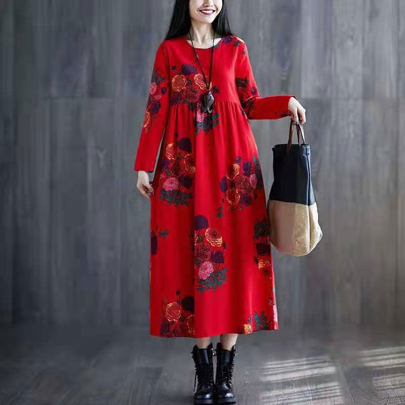 2020 new national style large women's dress mother dress women's thin cover belly slim print A-line mid long skirt