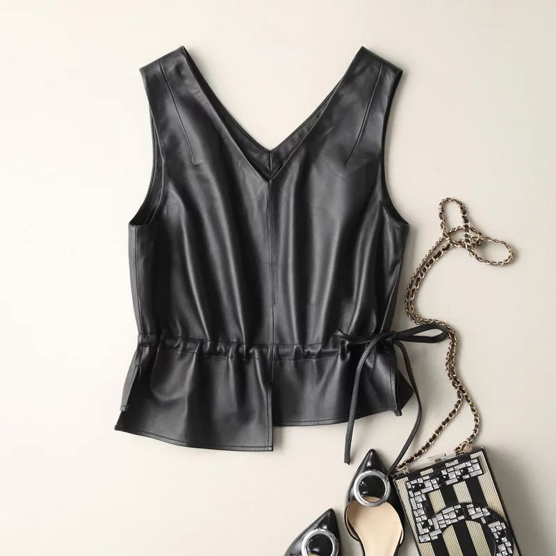 [Never lose skin] All-match new PU leather suspenders short asymmetric slim-fit all-match fashion vest soft leather vest