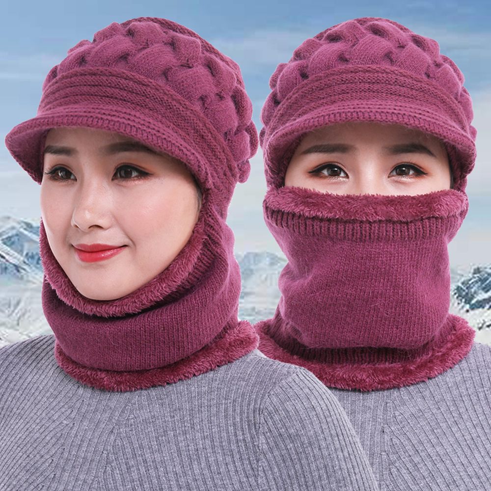 帽子女冬季中老年人防寒保暖毛线帽加绒加厚围脖一体妈妈帽针织帽