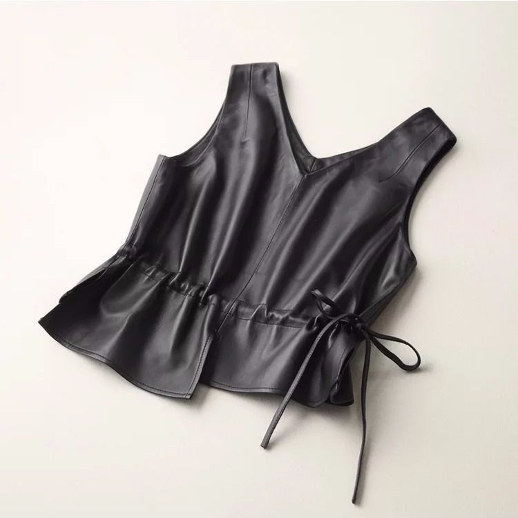 [Never lose skin] All-match new PU leather suspenders short asymmetric slim-fit all-match fashion vest soft leather vest