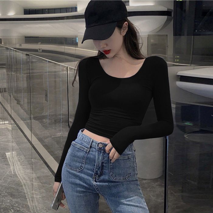 Women's sexy black big U-neck tight-fitting short t-shirt spring and autumn long-sleeved high-waisted navel-cut slim top winter bottoming