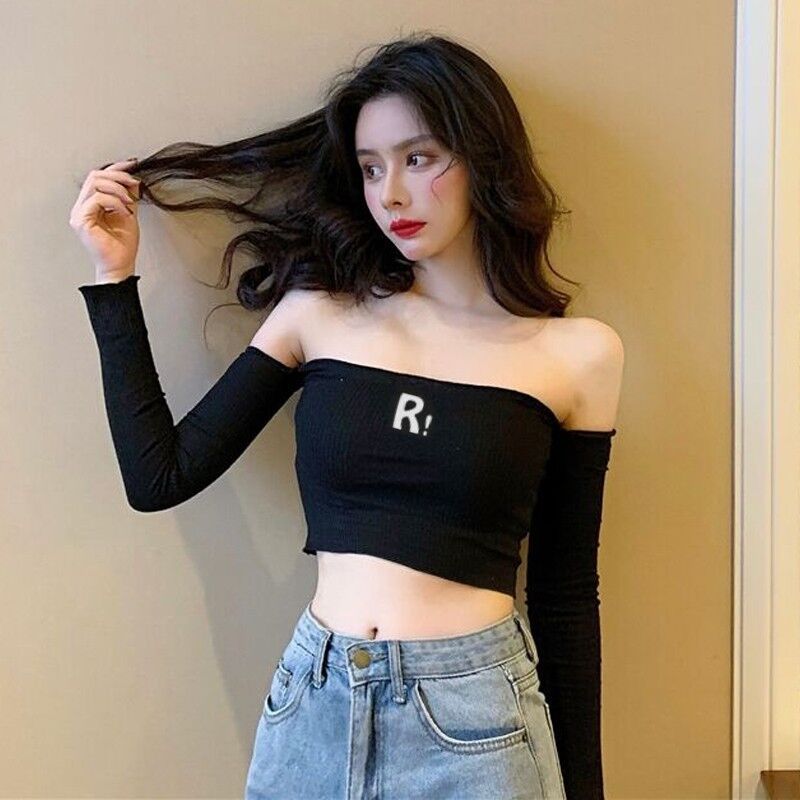 White one-shoulder sexy tight-fitting long-sleeved T-shirt women's summer high-waisted short section leaking belly button slim-fitting off-the-shoulder top autumn