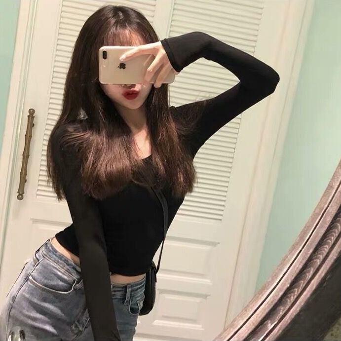Women's sexy black big U-neck tight-fitting short t-shirt spring and autumn long-sleeved high-waisted navel-cut slim top winter bottoming
