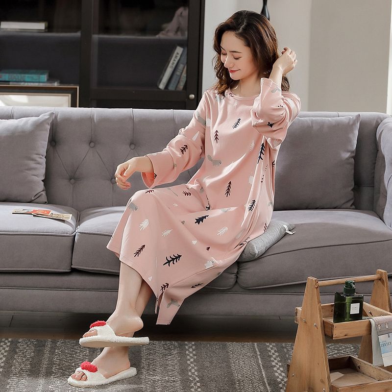 Pajamas women's autumn Korean version pajamas women's autumn winter long sleeve nightdress women's autumn lovely large size home clothes middle and long style students