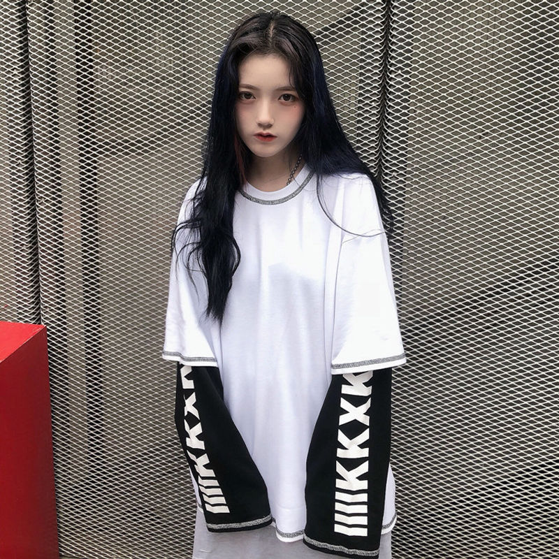 Autumn Korean new personalized Street ins original home style BF loose fake two piece T-shirt girl student top