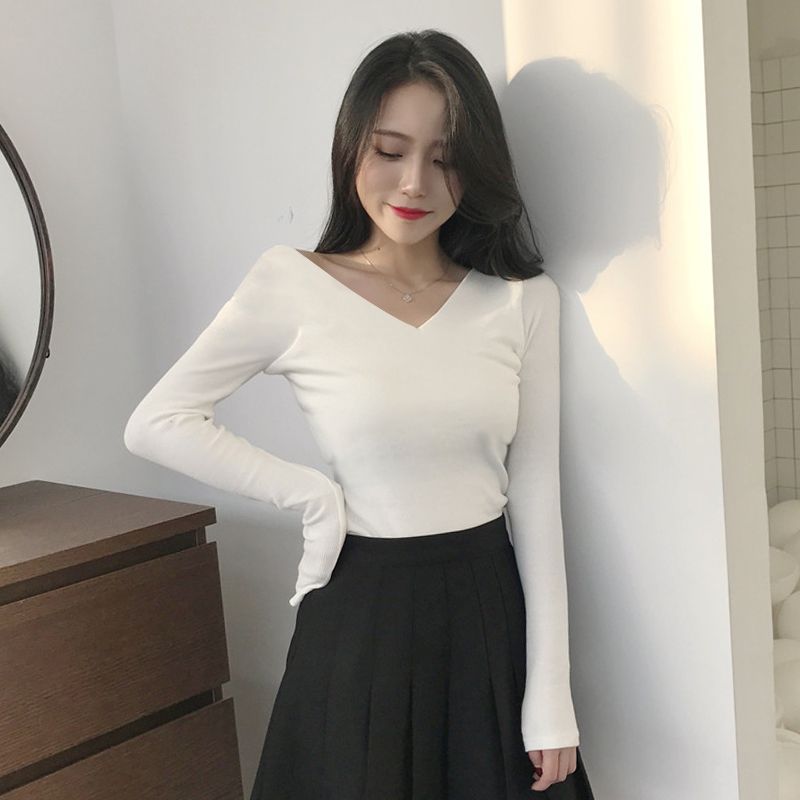 Spring and autumn new black tight-fitting long-sleeved double V-neck top ladies slim slim fashion outerwear T-shirt bottoming shirt winter