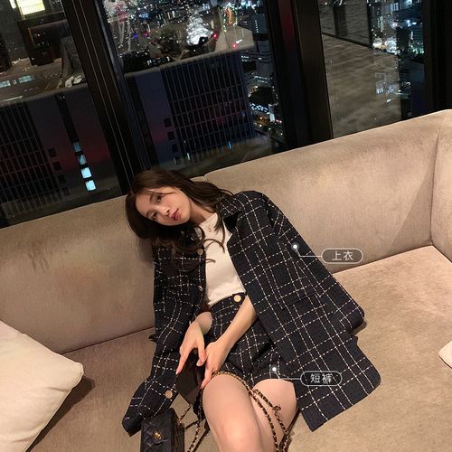 Spring and autumn cotton small fragrance suit women's net red foreign style Plaid suit coat High Waist Shorts two piece suit women
