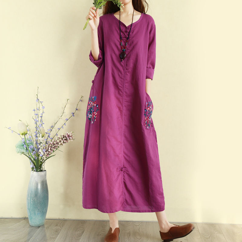 Retro national style cotton hemp embroidery dress autumn long over knee buckle temperament long skirt loose Chinese style