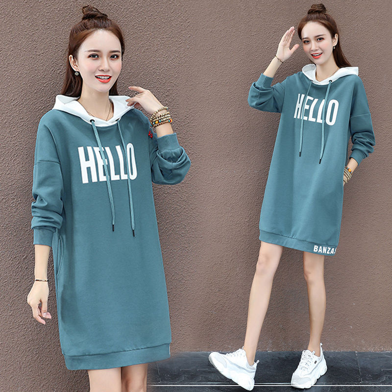 Plush / No Plush autumn / winter Korean sweater women's long sleeve versatile dress with hat loose medium length