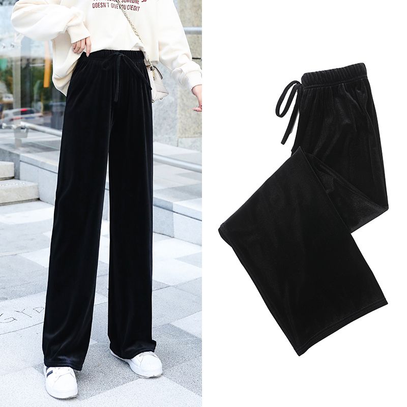Black sports pants autumn and winter new velvet wide leg pants women's floor dropping loose straight tube high waist casual pants