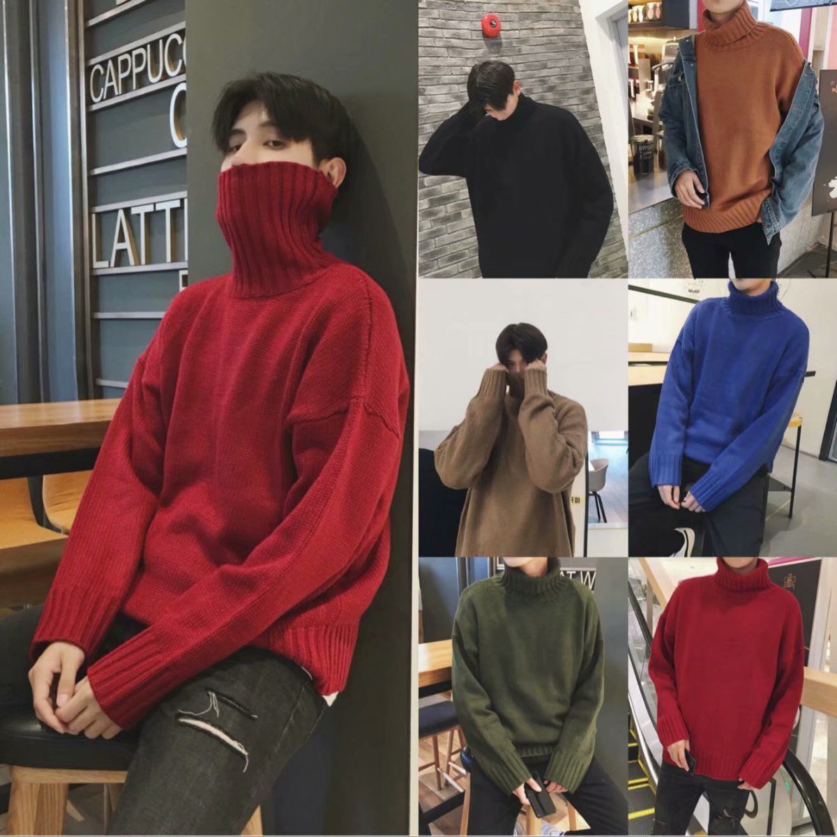 Hong Kong Style autumn and winter turtleneck men's solid color loose Korean student t-shirt men's sweater coat men's base coat