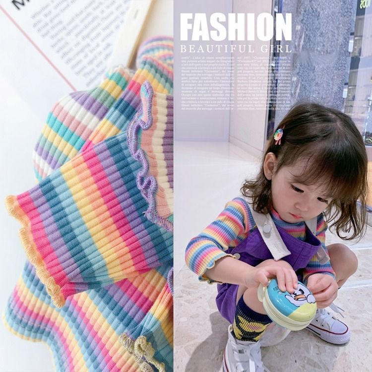 Girl's base coat spring and Autumn New Rainbow Stripe baby long sleeve T-shirt children's autumn and winter Plush top fashion