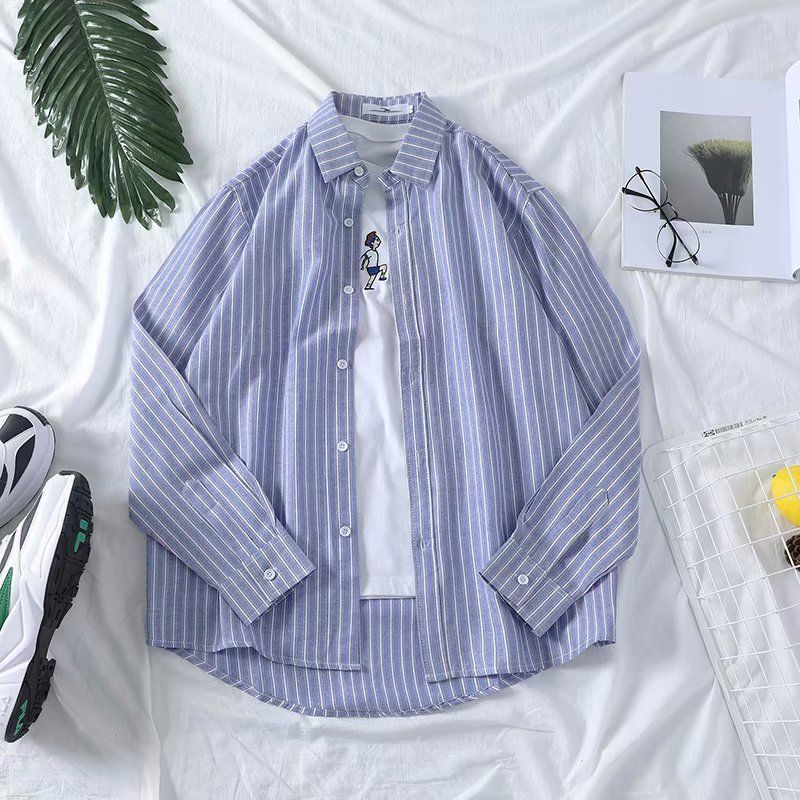 Spring and autumn long-sleeved shirt male youth Korean style striped shirt student trend casual all-match Hong Kong style thin coat