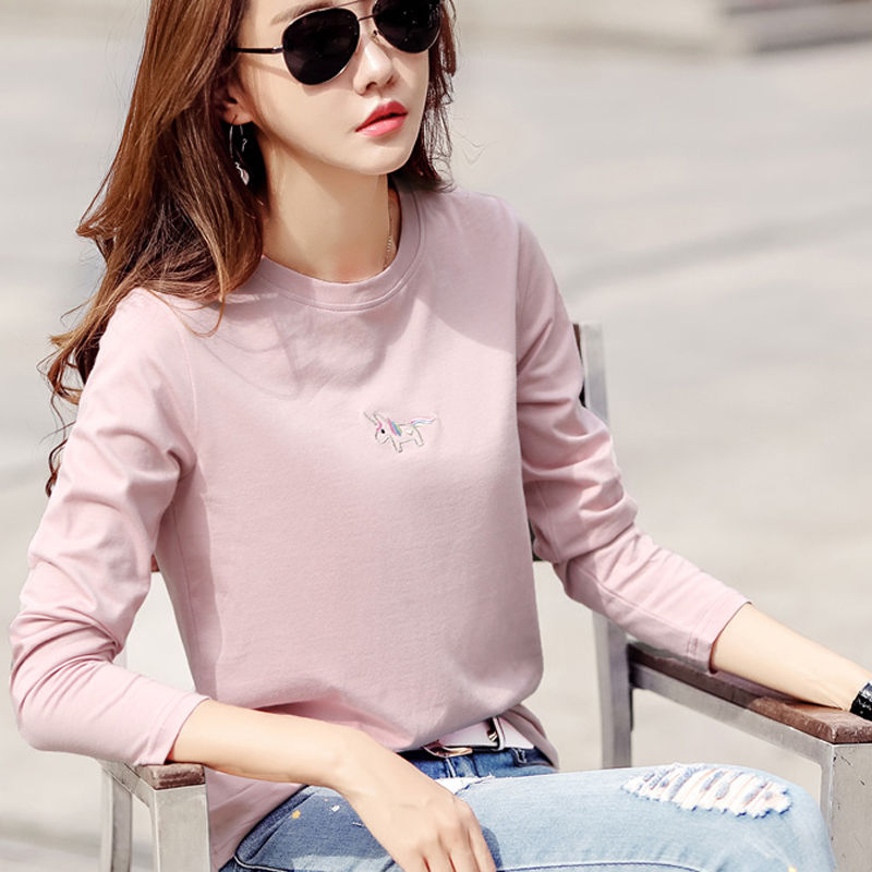 Pure cotton long-sleeved t-shirt women's autumn and winter loose cotton tops all-match slimming embroidery bottoming shirt Korean style outerwear T-shirt