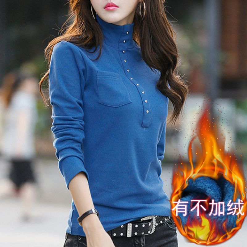 Half-high collar bottoming shirt women 2021 autumn and winter mid-collar long-sleeved t-shirt women's slim fit plus velvet thick cotton thermal top