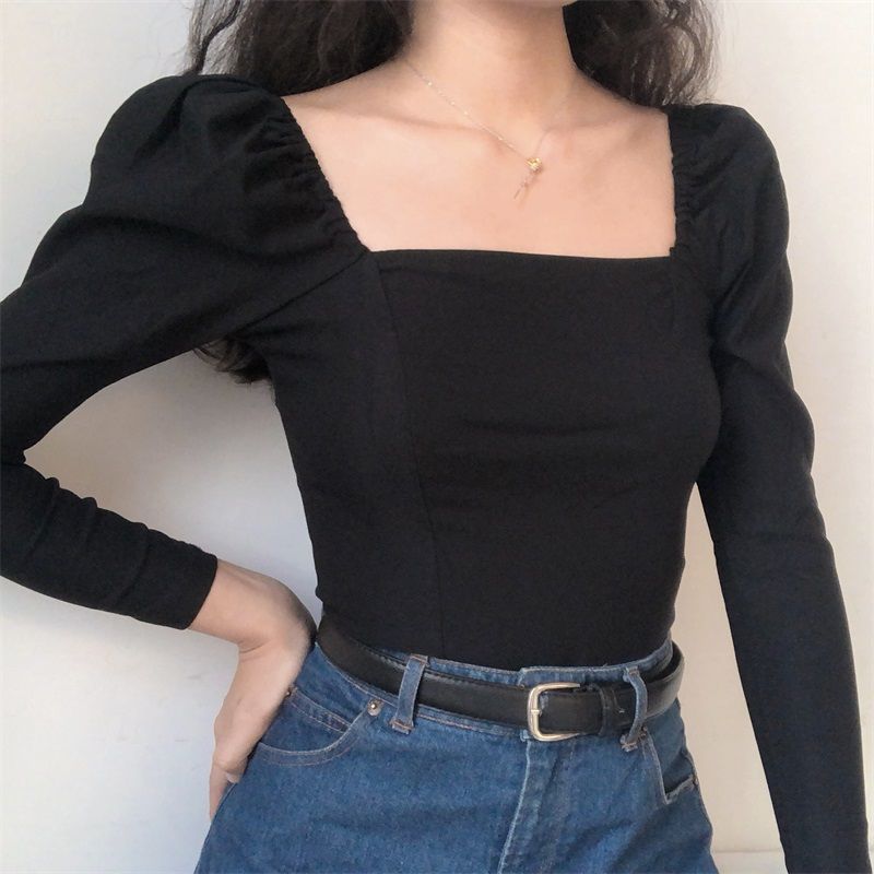 Europe and the United States new instagram bubble long sleeve square collar top black versatile bottom shirt tight t-shirt female