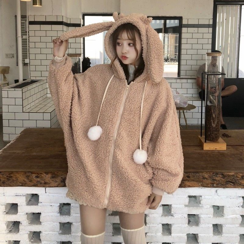 Autumn and winter women's Korean version of cute hat rabbit ear fur ball loose zipper Plush sweater coat
