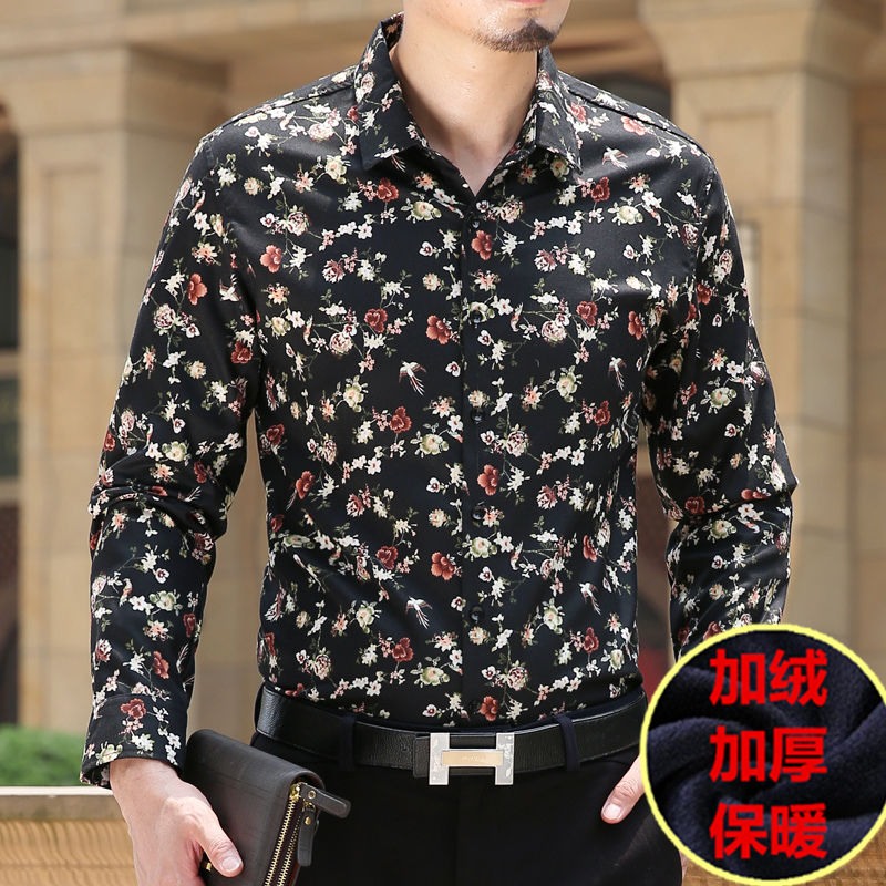 88609-秋冬季保暖衬衫男加绒加厚中年宽松休闲爸爸装免烫印花花色衬衣潮-详情图