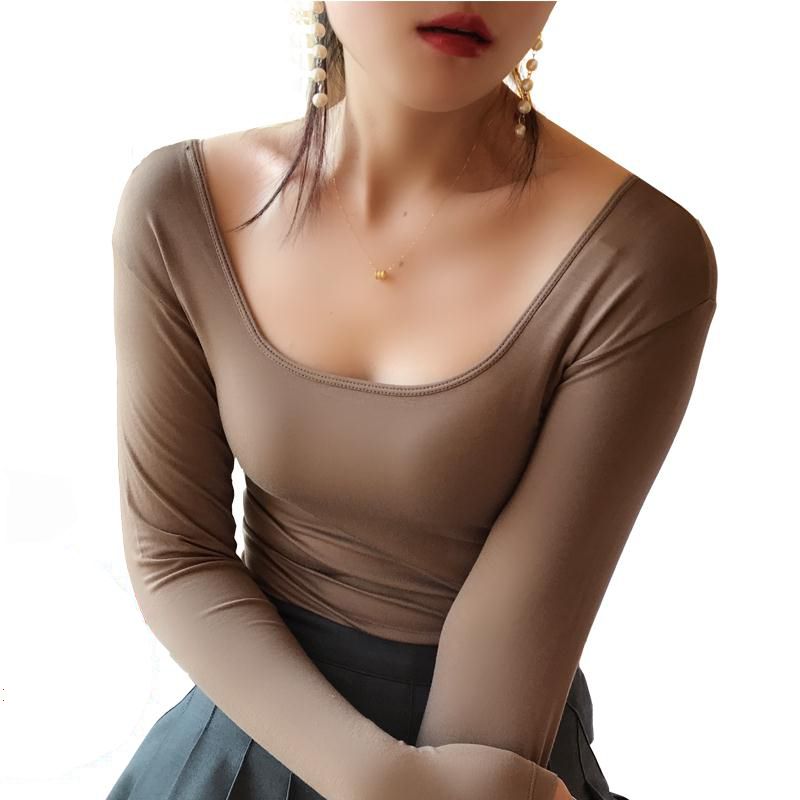 Black modal cotton bottomed shirt long sleeve top thin bottomed big low collar tight T-shirt slim autumn dress for women
