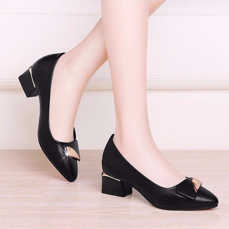 Single shoes women's thick heel, medium heel and shallow mouth spring and autumn new leisure Women's shoes, high heels and small black leather shoes