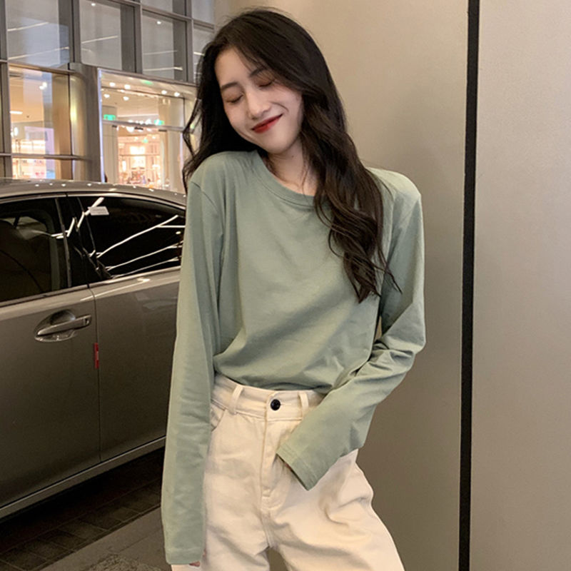Super fire long sleeve T-shirt women's autumn pure cotton new Korean version of students' loose solid color round neck bottoming top ins fashion