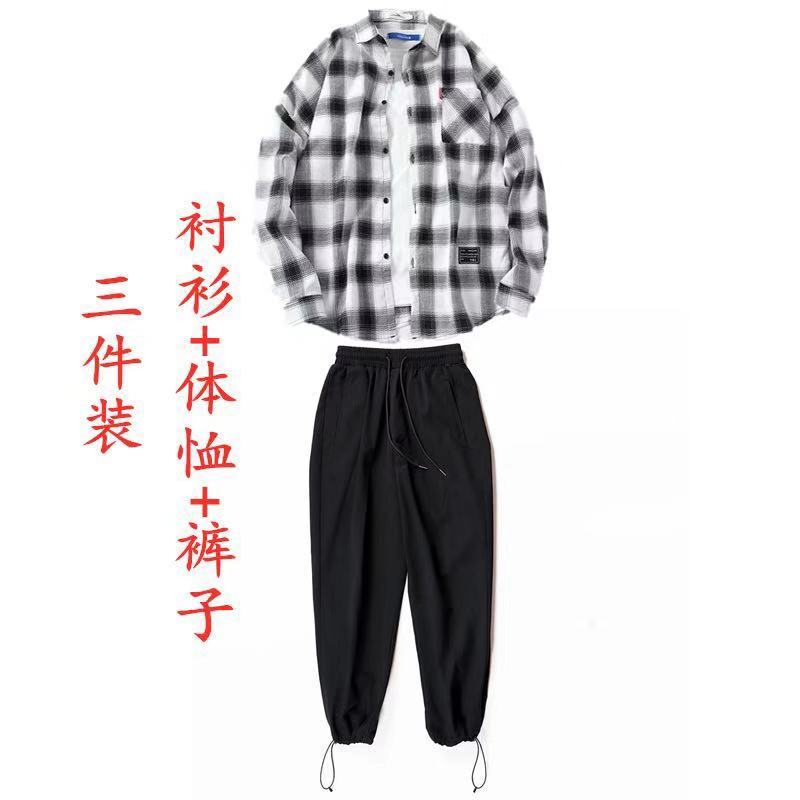 男士衬衫套装秋季韩版潮流三件套长袖衬衣男学生BF原宿风复古外套
