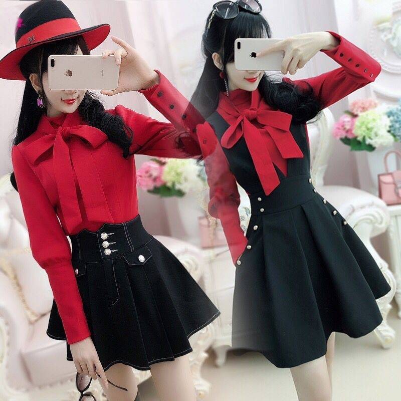 Spring and autumn red stand-up collar slim long-sleeved women's shirt autumn and winter new fashion Korean style single piece/set optional