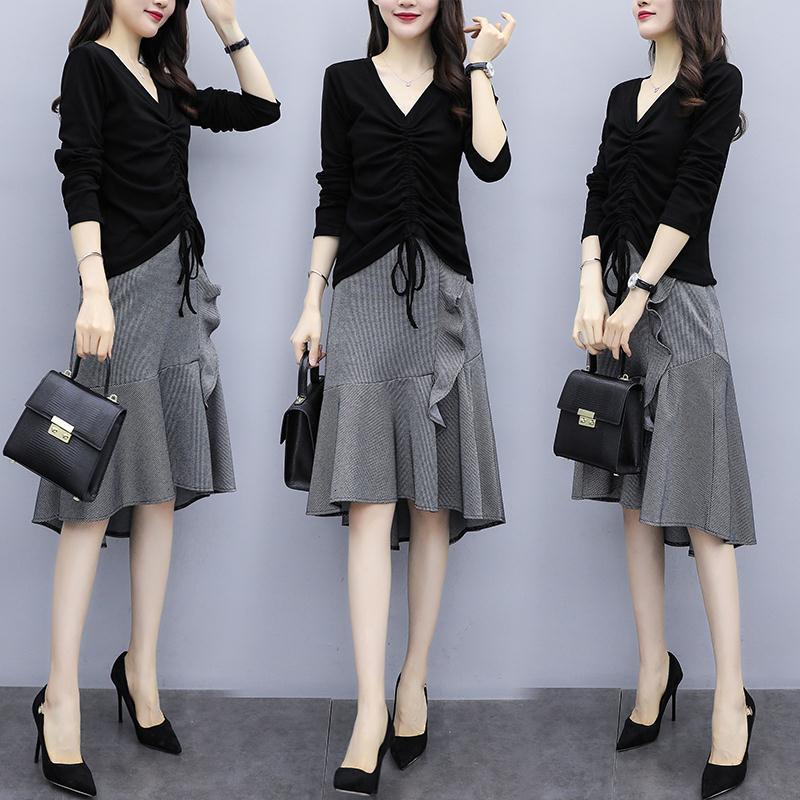 One piece/set plus size women's clothing fat sister 2021 new fashion temperament two-piece dress that covers belly and looks thin
