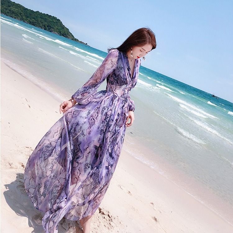 春夏新款紫色印花收腰顯瘦沙灘裙仙女雪紡大擺海邊度假連衣裙長裙