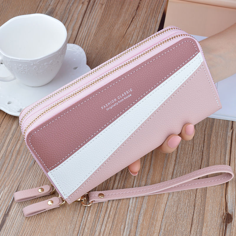 New double-layer wallet women's long double zipper mobile phone bag Japanese and Korean color contrast large-capacity clutch purse wallet coin purse