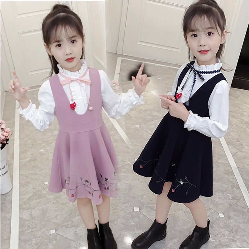 女童套裝秋裝2021新款小女孩背帶裙時尚長袖襯衣兒童連衣裙兩件套