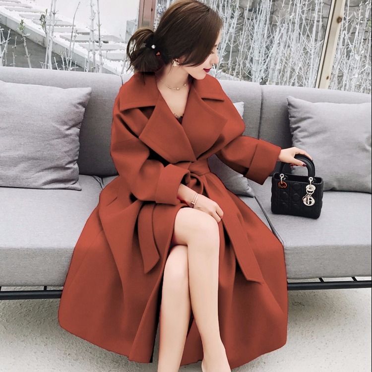 大码女装胖mm毛呢外套中长款韩版呢子大衣收腰显瘦秋冬装结婚红色