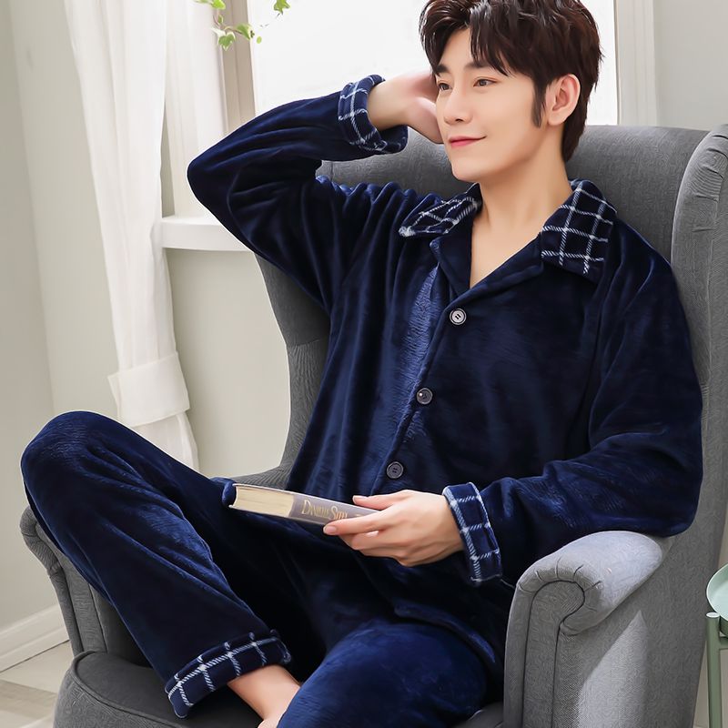 Pajamas men's long sleeve Flannel Suit winter cashmere thickened large coral cashmere cardigan middle aged men's pajamas